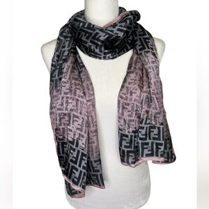 Vintage Fendi 100% Silk Black and Pink Logo Scarf Made in Italy